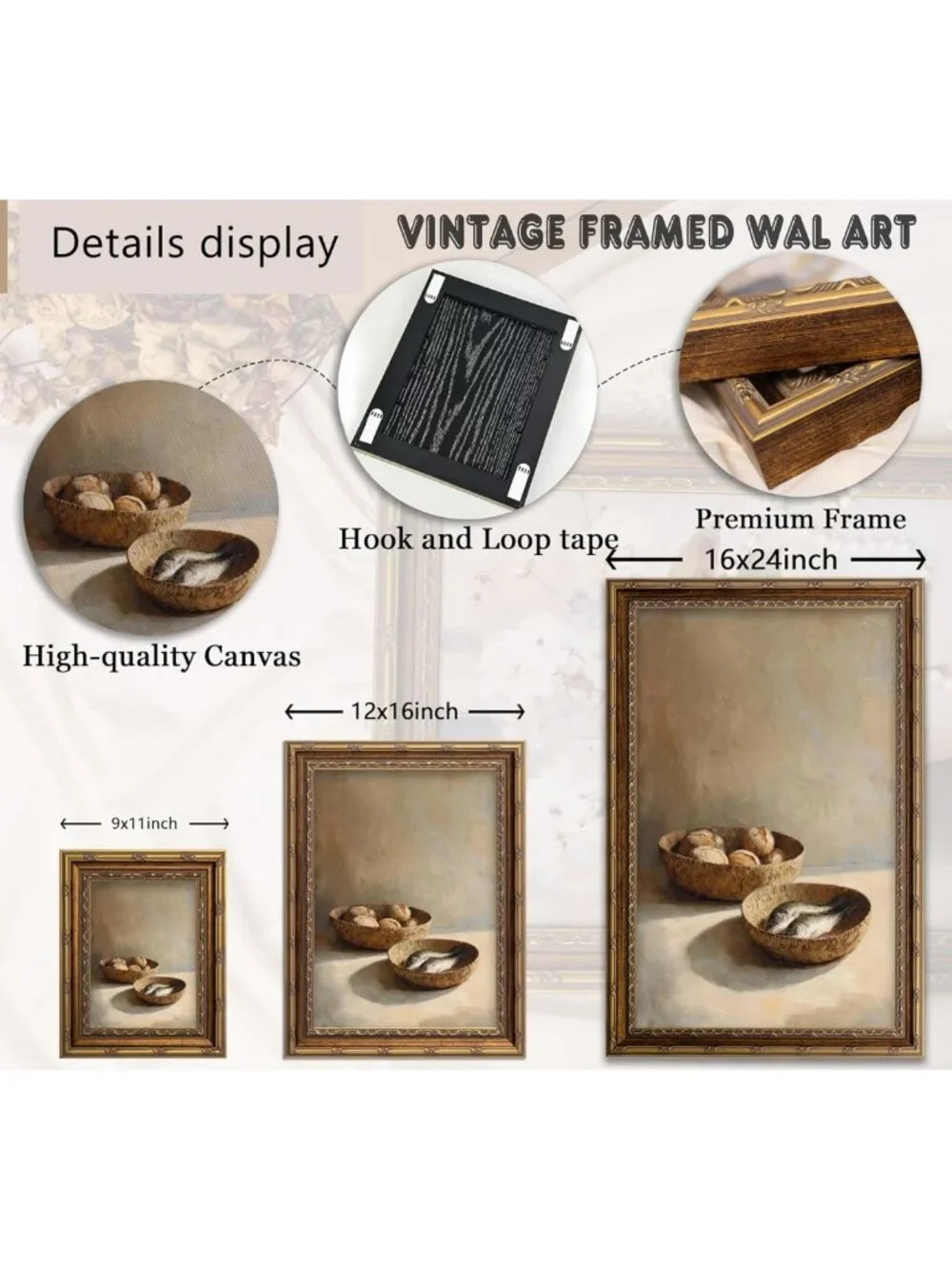 Rustic Vintage Gold Framed Still Life Canvas Art - Bread & Fish Wall Decor 12x16